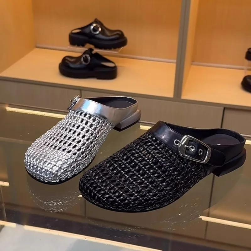 Fashion 2025 New Belt Buckle Elegant Women's Closed Toe Slide Sandals Summer Mesh Rhinestone Retro Chic Outdoor Slippers Zapatos Mujer