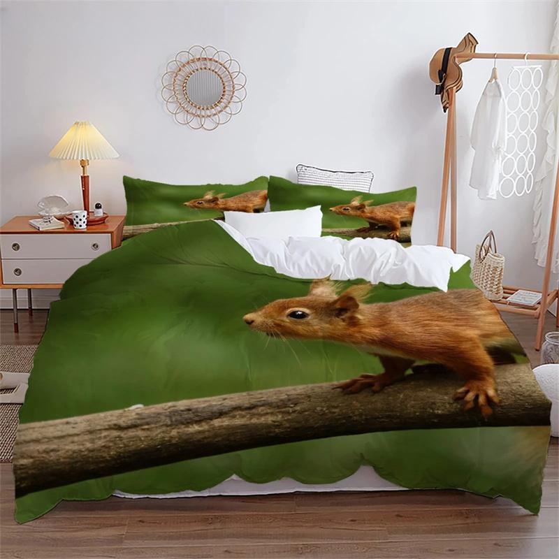 3D Squirrel King Queen Duvet Cover Lovely Animal Bedding Set for Kids Teens Adults Wildlife Green Leaves Soft 2/3pcs Quilt Cover