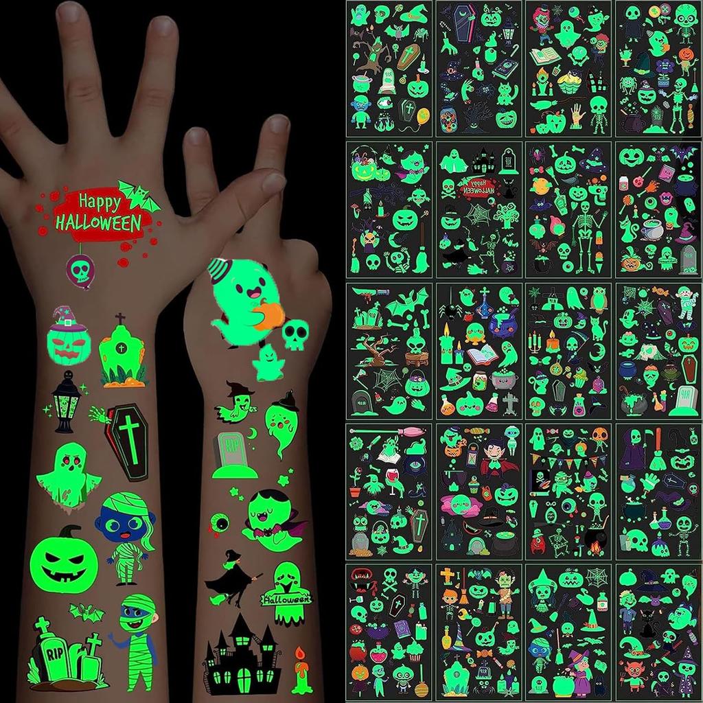 20 Blätter Leuchtende Halloween Temporäre Tattoos, 360 Stück Halloween Cosplay Gesicht Fake Tattoos, Leuchten im Dunkeln Tattoos, Feiertagsset