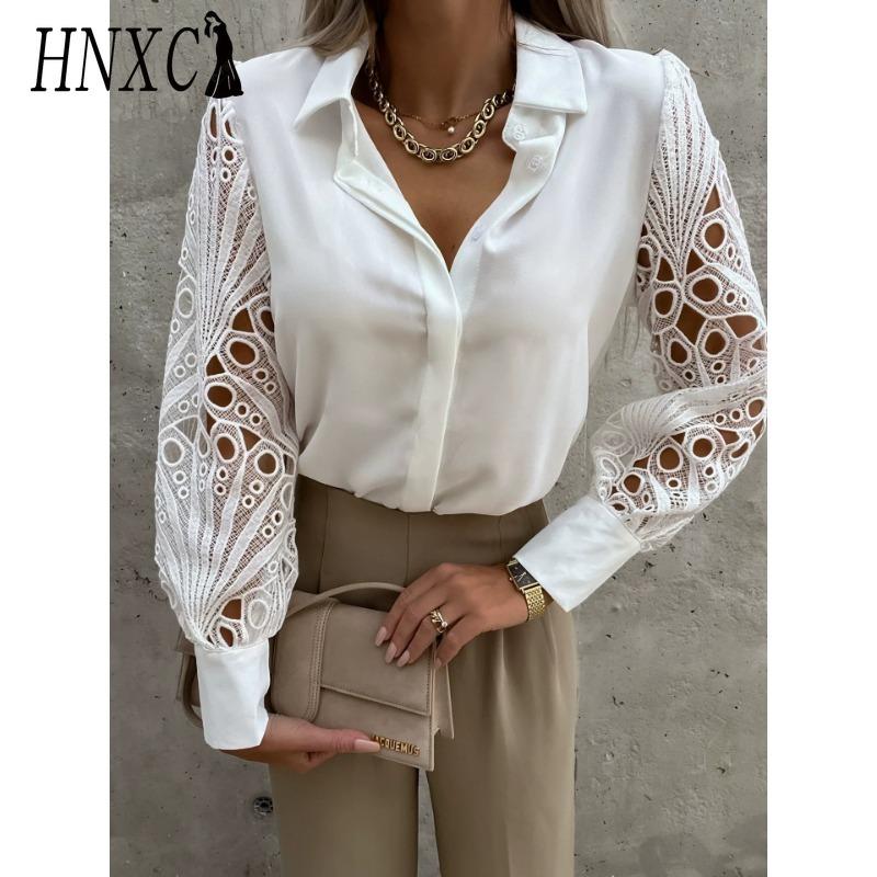 HNXC Women's Fashion Casual Solid Color Print Long Sleeve POLO Neck Blouses & Shirts