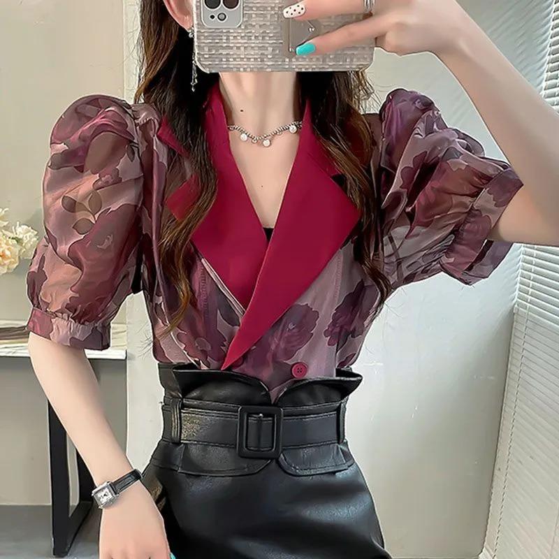 Chinesischer Stil Puffärmel Anzugkragen Oberteil Kurzer Mantel Sommer Neu Schlankes Hemd Damen Sommerhemd