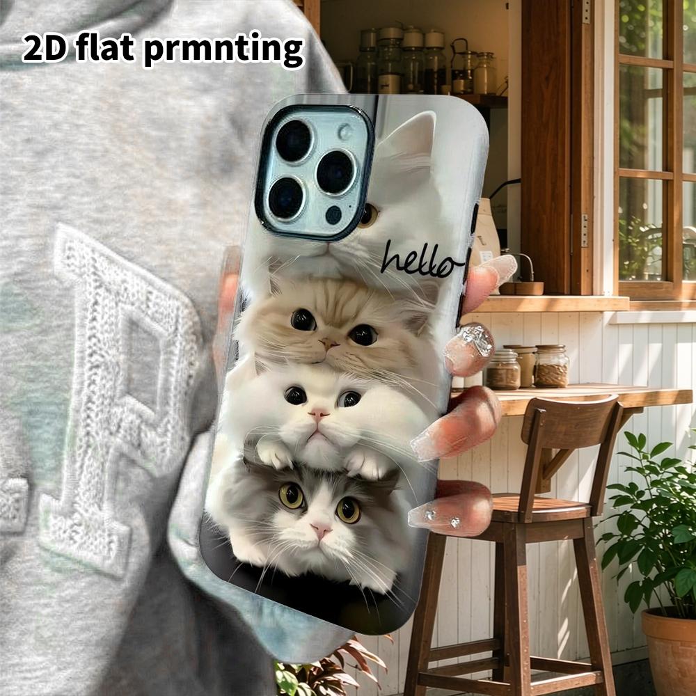 Phone Case: 2D Flat Design Suitable for iPhone 18, 17, 16, 15, 14, 13 Pro Film Protective Case, Couple Style, Four-layer Stacking Cats, Christmas and 
