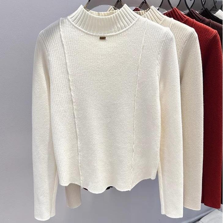 Fleecový a zesílený svetr pro ženy jaro a podzim jednobarevný volný pletený svetr s polovičním rolákem ležérní jednodílný fleecový pulovr