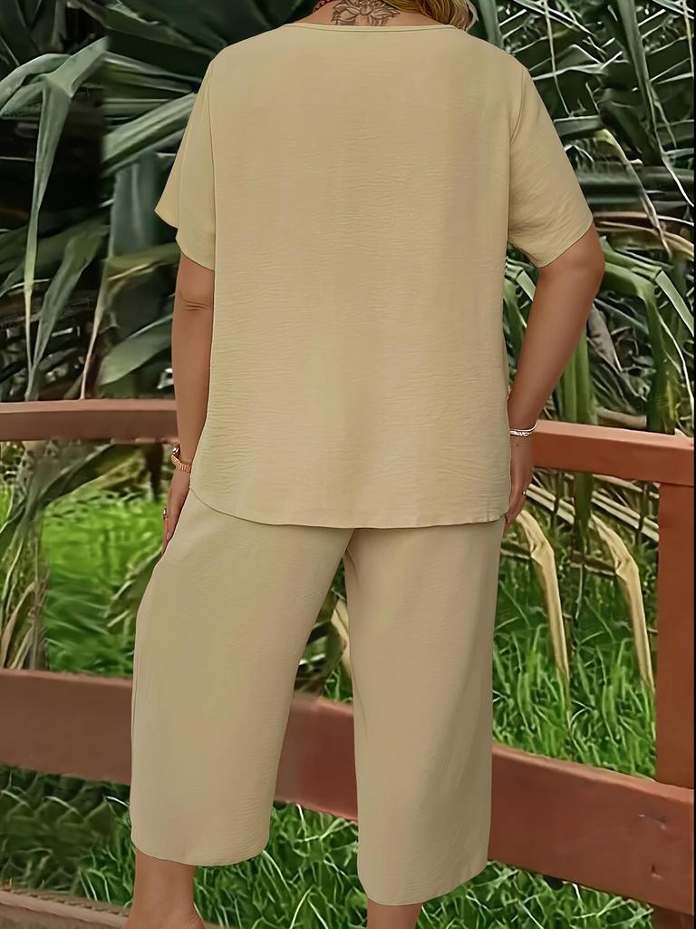 Women's Plus Size Elegant V-Neck Short Sleeve Top and Wide-Leg Pants Set - Solid Colors for Spring, Summer, and Autumn.
