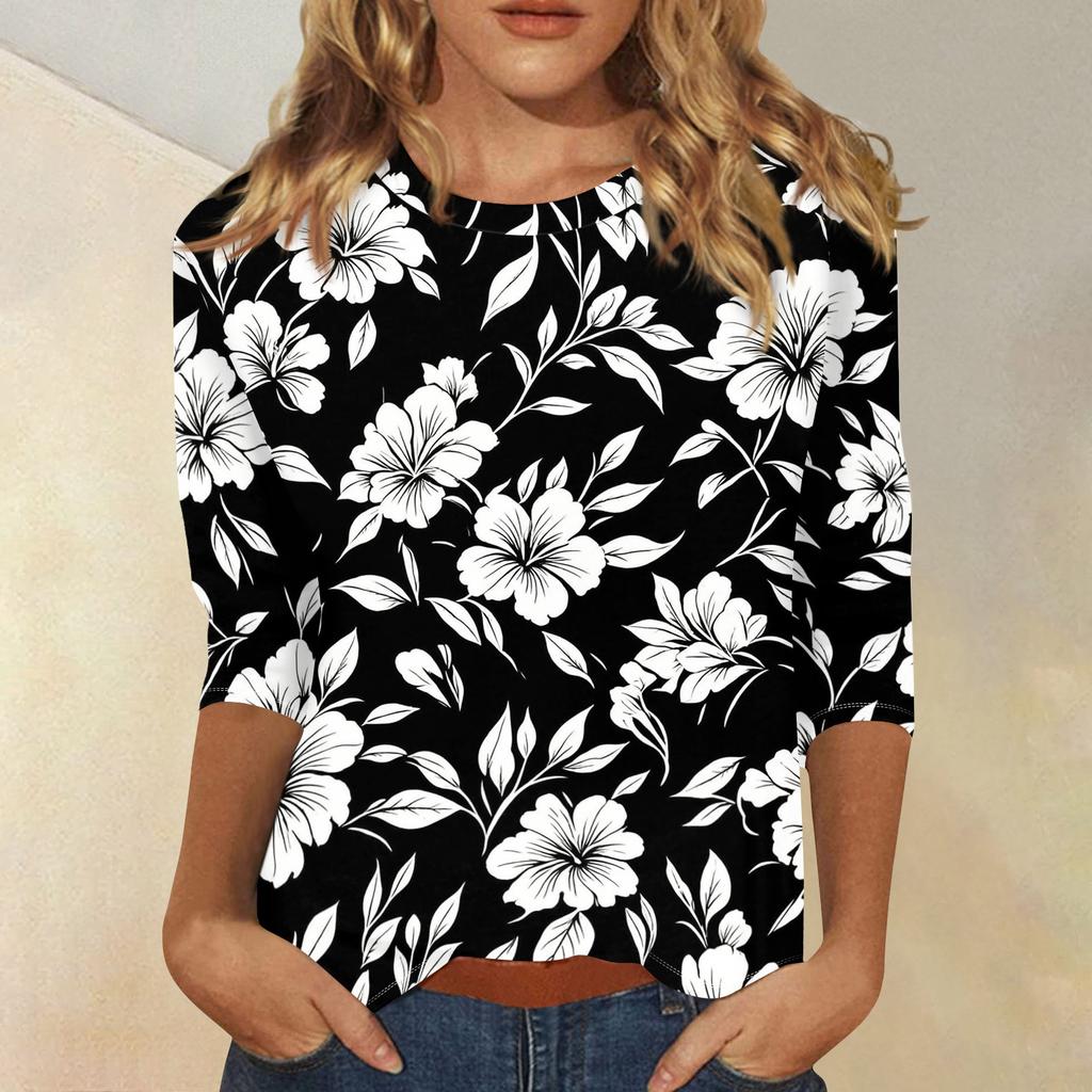 Women’s Casual Floral Print Crew Neck Top with Three Quarter Sleeves Relaxed Fit Lightweight Blouse for Everyday Wear