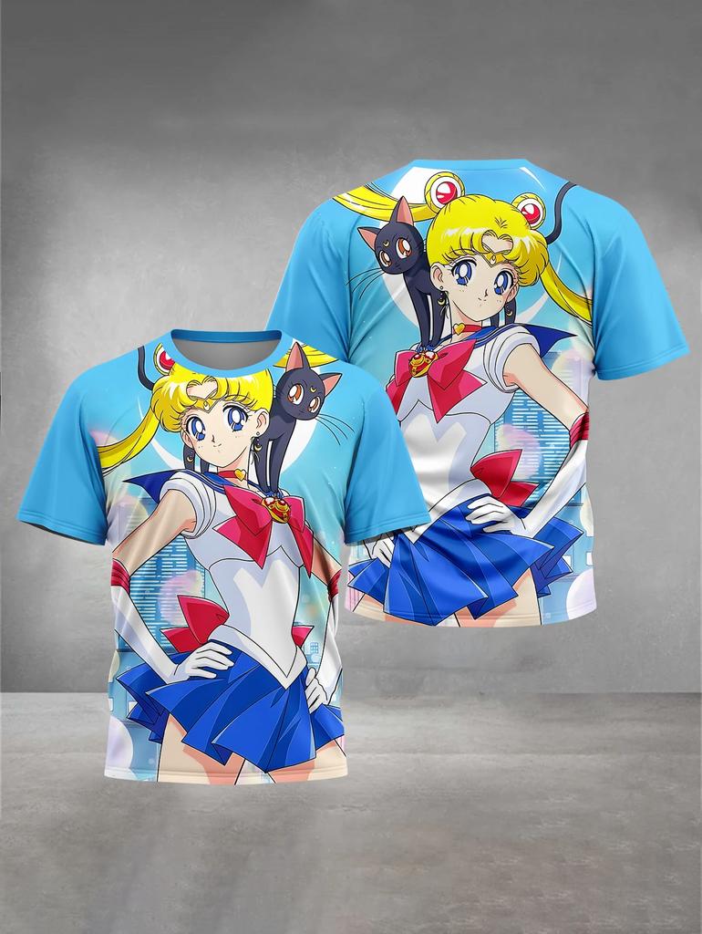 2026 Summer Sailor Moon Retro Cosplay T-shirt Oversized 3D Printed Short-sleeved Family Unisex Children's Sports Shirt