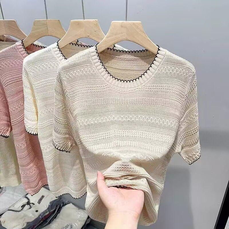 Hollow Out Knitted Shirt Short Sleeved T-shirt for Women Summer Stylish and Loose Thin Top