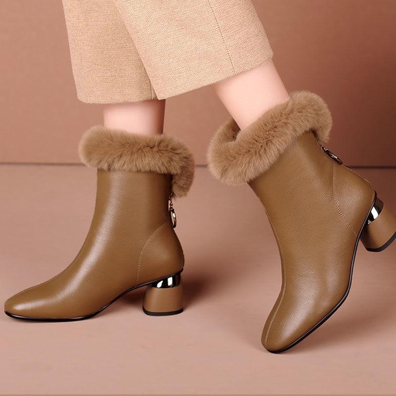 Mode Ko Läder Äkta Läder Dam Korta Stövlar,Kaninpäls Vinter Skor,Mode Mammas Stövlar,Mellan Klackar Botas,Svart,Beige,BRUN,
