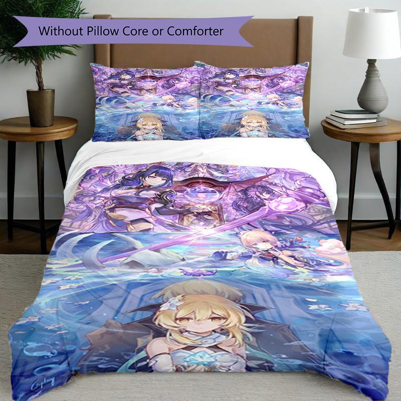 3pcs Duvet Cover Set (1*Duvet Cover + 2*Pillowcase, Without Core), Genshin Impact Print Bedding Set, Bedroom Decor, All‑Season, Birthday Gift
