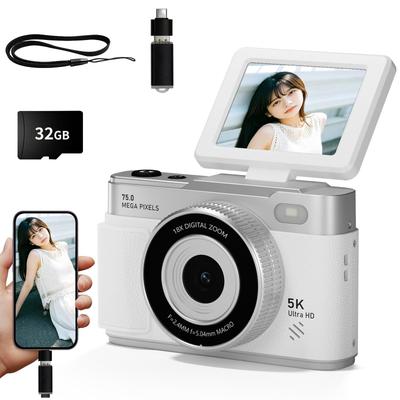 CLCRHBK Digital Camera 5K Smartphone OTG IMX 32GB Card 75MP, Transfer, Compatible, Sensor, Included, Beginner-Friendly (White)