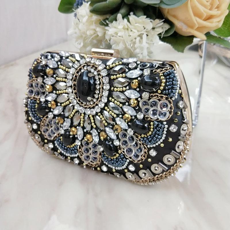 Special Clearance Heavy Industry Hand-sewn Bead Diamond Chain Bag Pearl Dinner Bag Banquet Clutch Bag Rhinestone Small Square Bag
