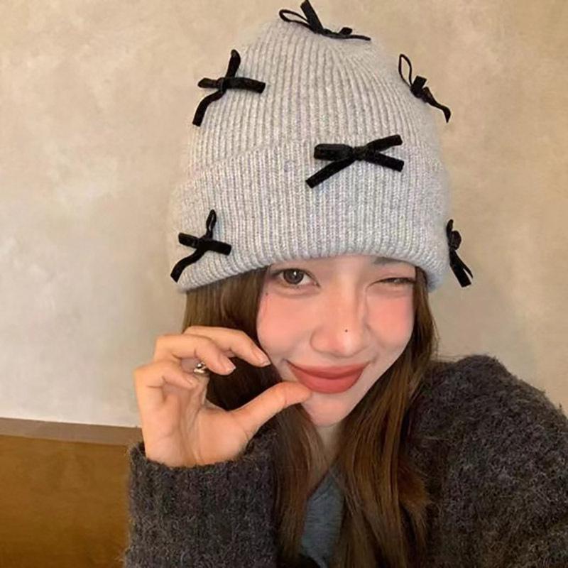 Luxury Rabbit Fur Knitted Hat Women Winter Warm Soft Bowknot Beanie For Women (elegant Solid Colors) | Cozy Fur Lined Baggy Cap