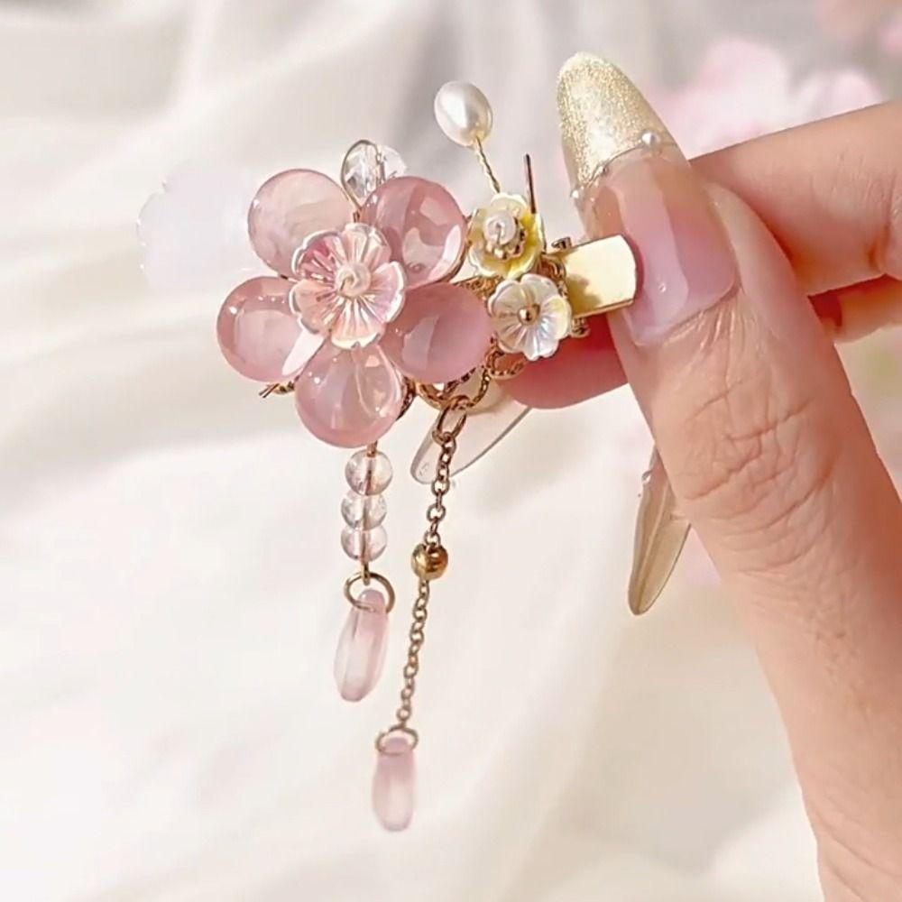 Versatile Pink Hair Clip Flower Tassel Chinese Style Barrette Styling Accessory Hairpins For Girls