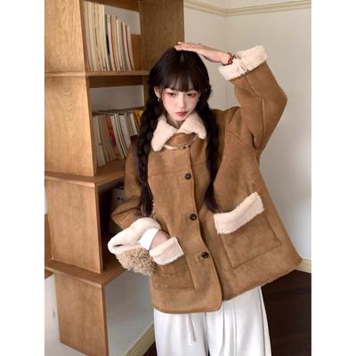 Korean-Style Women's Suede Jacket - Double-Sided, Leather & Fur, Thickened Lambswool Top, Winter 2025