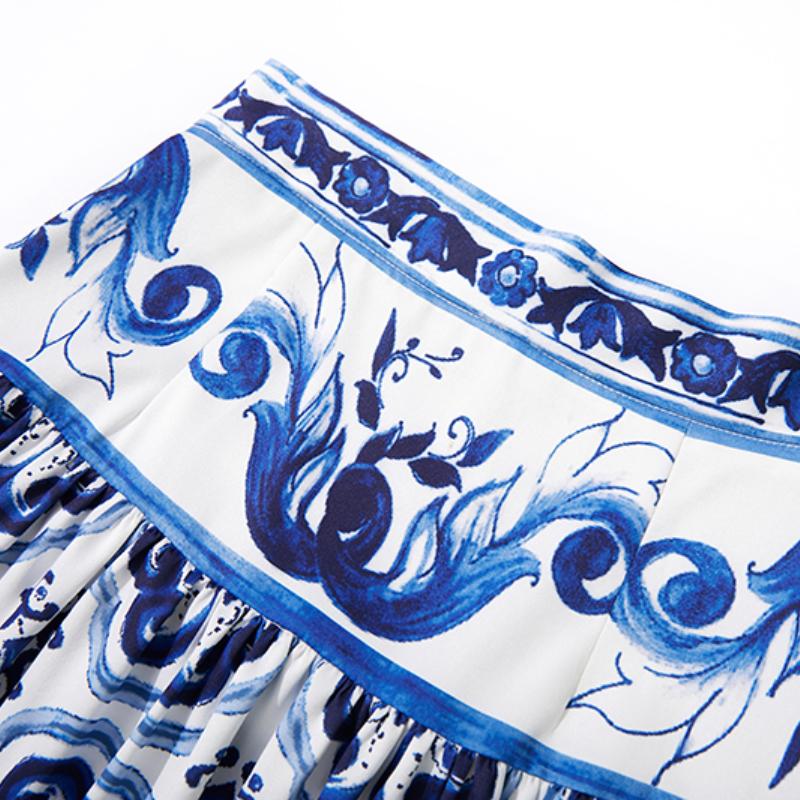 Elegant Porcelain Pattern Two Piece Set Women Flower Print Short Crop Top Pleated Maxi Skirt Suits Female Patchwork Vintage Strap Sets 2024