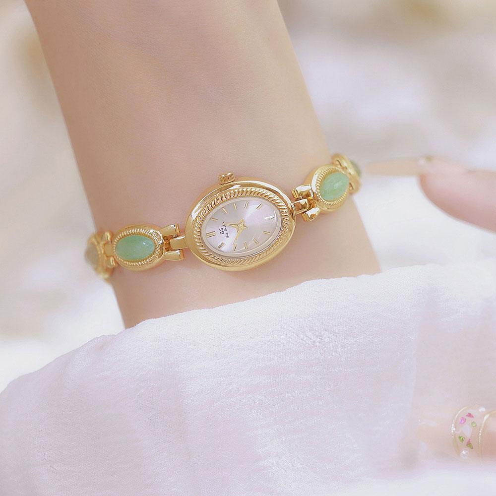 Vintage Women's Watches Elegant Fashion Jade Jewelry Bracelets High Quality Gold Wristwatch Retro Quartz Ladies Dress Watches