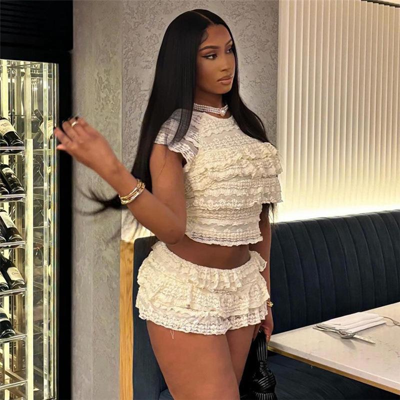 Sladké Nepravidelné Zvlnění Elegantní Šik Sady Žakárová Krajka Stupňovitá Sukně Crop Top Ladící Dámské Oblečení Estetické Roztomilé Vintage Y2k Letní Oblečení