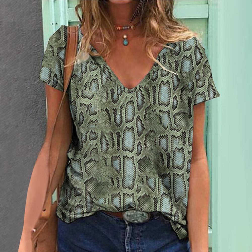 Women's T-shirt Summer V-neck Fashion Short Sleeve Tops Striped Print Women's Clothes Female Oversized Casual Blouse