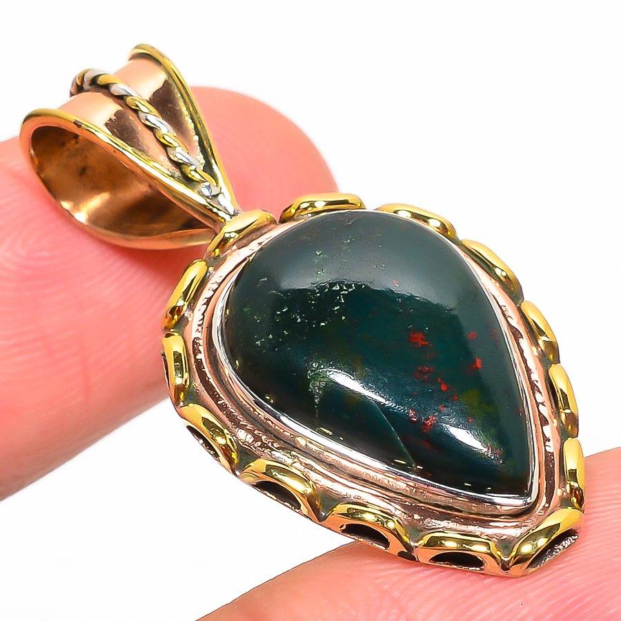Natural Bloodstone Gemstone TwoTone 925 Solid Sterling Silver Pendant 1.50" A7t33