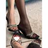 2025 Summer New Square-headed Rhinestones with Sandals Women's Thick Heels Open-toed High-heeled Slippers Poplar Forest Half-drag