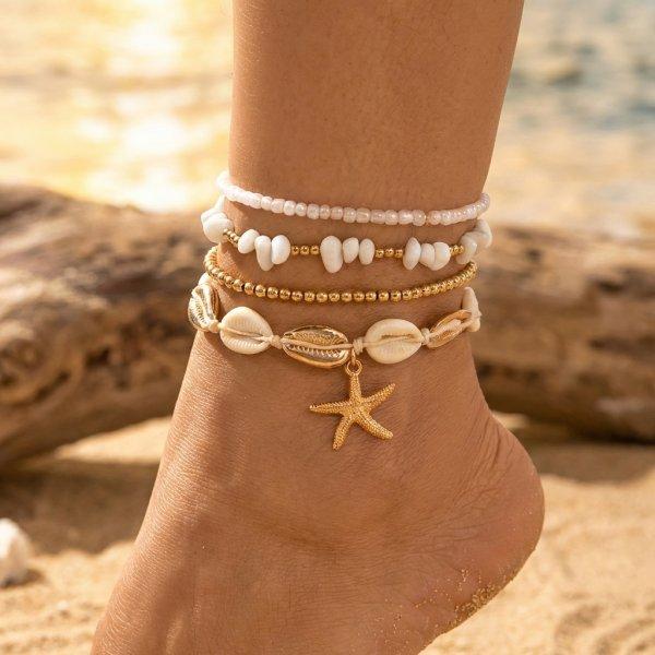 Summer Multilayer Stacked Rice Bead Ankle Chains For Women Boho Starfish Shell Conch Foot Chain Daily Beach Party Foot Jewelry