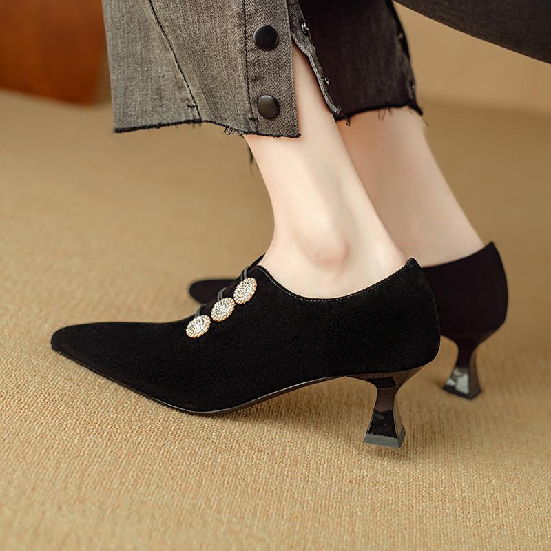 Fashion 2025 New Spring Sheep Suede Women Shoes Retro Pointed Toe Women Pumps Zipper High Heels Modern Ladies Shoes