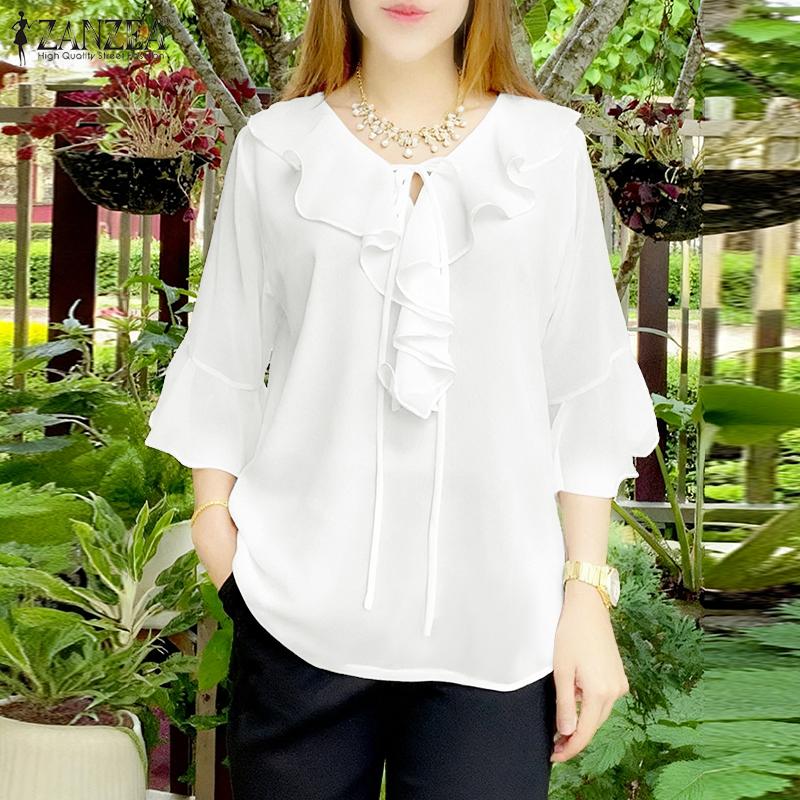 ZANZEA Blusa Casual para Mujer con Volantes, Cuello en V, Holgada, Manga 3/4, Lisa
