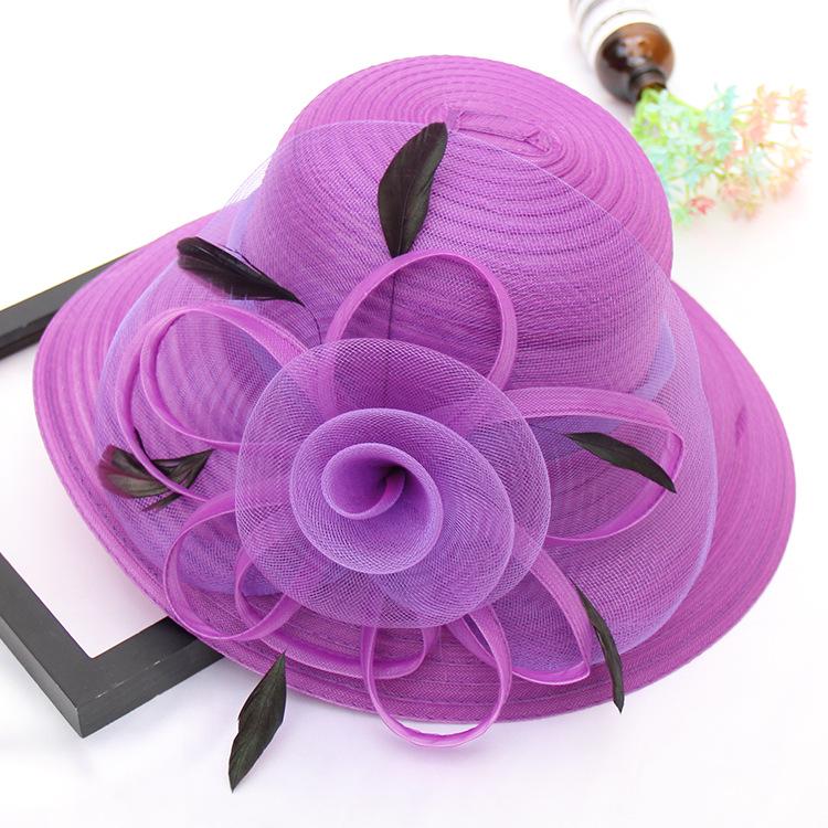 Eugen Top Hat Spring Summer Feather Flower Fashion Wedding Hat Big Brim Dome Beach Sun Hat