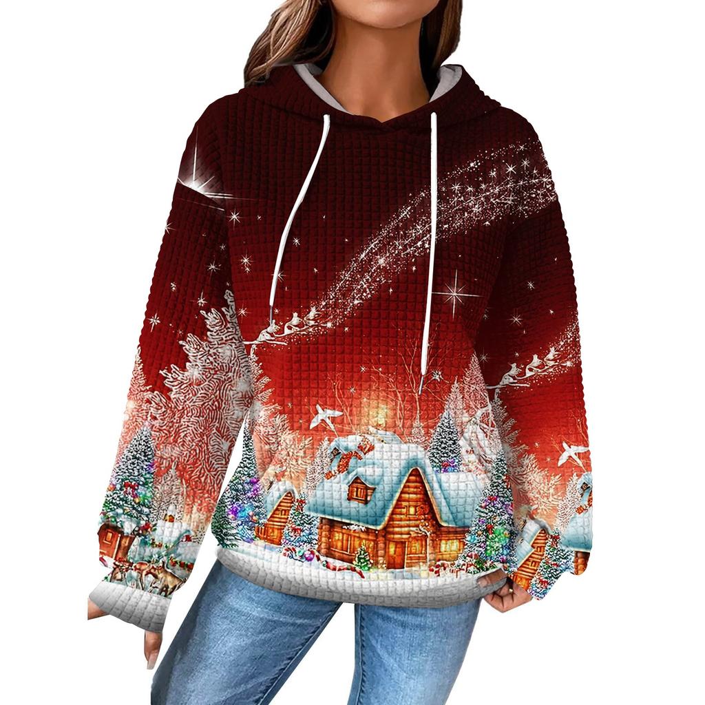 Women's Fashion Loose Hooded Pullover Long Sleeve Plaid Sweatshirt With Drawstring, Drop Shoulder, Pocket, Christmas Print Top