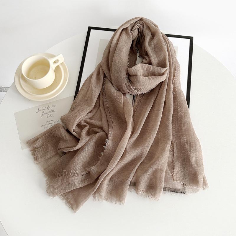 Women's Cotton Linen Gauze Scarf - Solid Color, Summer Sun Protection, Breathable, Retro Fringed Shawl