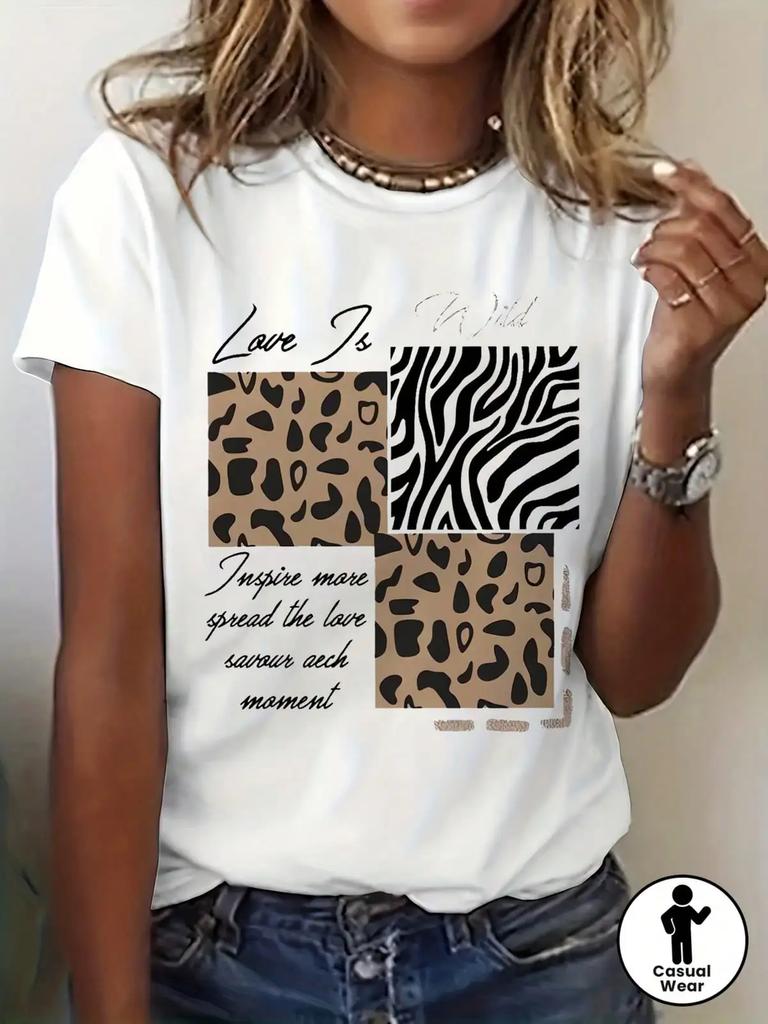 Unisex Leopard Zebra Mixed Animal Print Slogan Tee Stretch Washable Spring Summer Casual Top