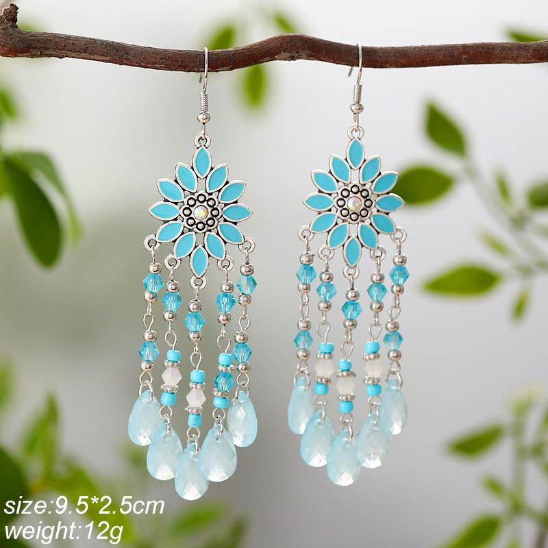Blue Fashion Boho Temperament Water Drop Feather Earrings for Women Long Crystal Rhinestone Drop Oil Dangle Earring Jewelry
