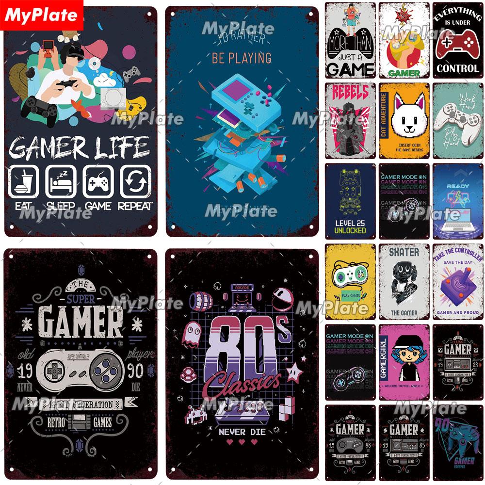 

Металлическая вывеска GAMER LIFE, винтажная жестяная вывеска 80-х/90-х годов, игровая тарелка, предупреждение «Мои правила» для бара, паба, клуба, человека, пещера, игровая комната, Настенный декор