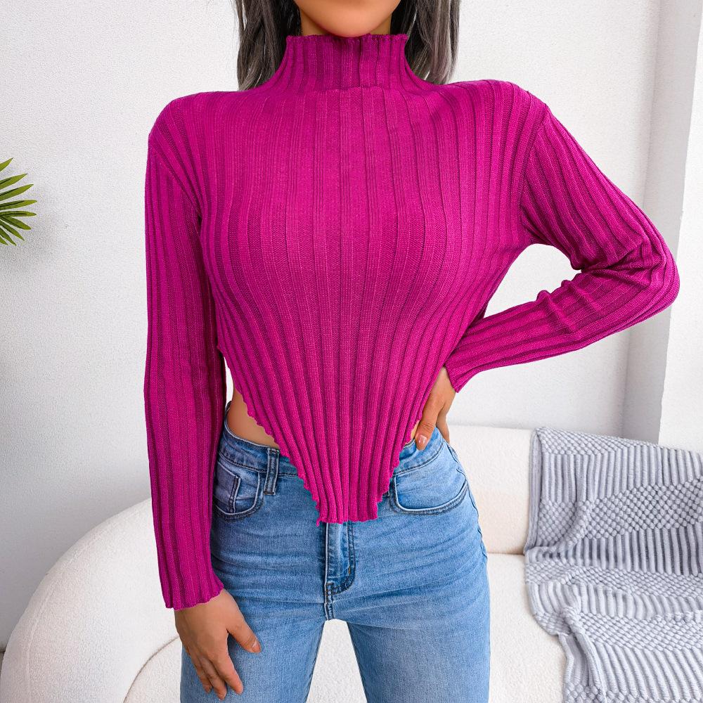 

GMXIA Женская мода, повседневная однотонная осенне-зимняя водолазка с длинным рукавом, свободный сексуальный асимметричный вязаный базовый свитер L розы красного