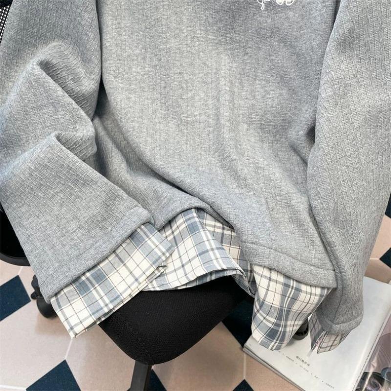 Kariertes besticktes Damenhemd Fake Zwei Schmetterling Langarmshirts Herbst Locker Damen Modisches Freizeit-Top