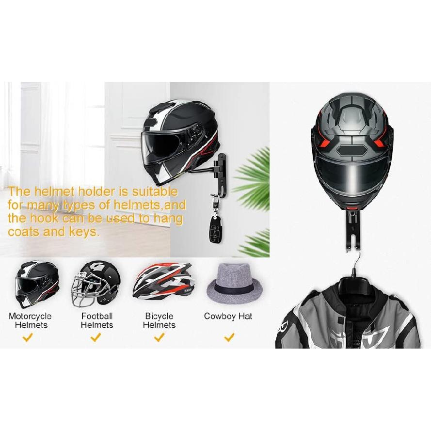 Motorcycle Helmet Holder, Helmet Rack Wall Mount 180 Degree Rotation Helmet Hanger with Double Hook for Coats, Caps, Hats, Motorcycle Accessories