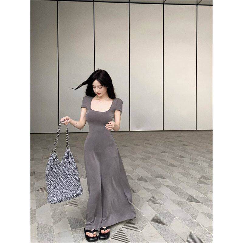 French sweet and spicy style sexy square-neck dress for women, summer Korean design with a cinched waist fitted hip-hugging long dress