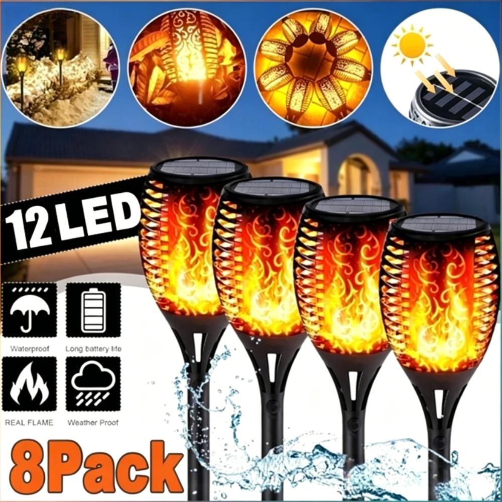 1-8PCS 12LED Solar Flame Torch Lights Flickering Light Waterproof Garden Decoration Outdoor Lawn Path Yard Patio Floor Lamp