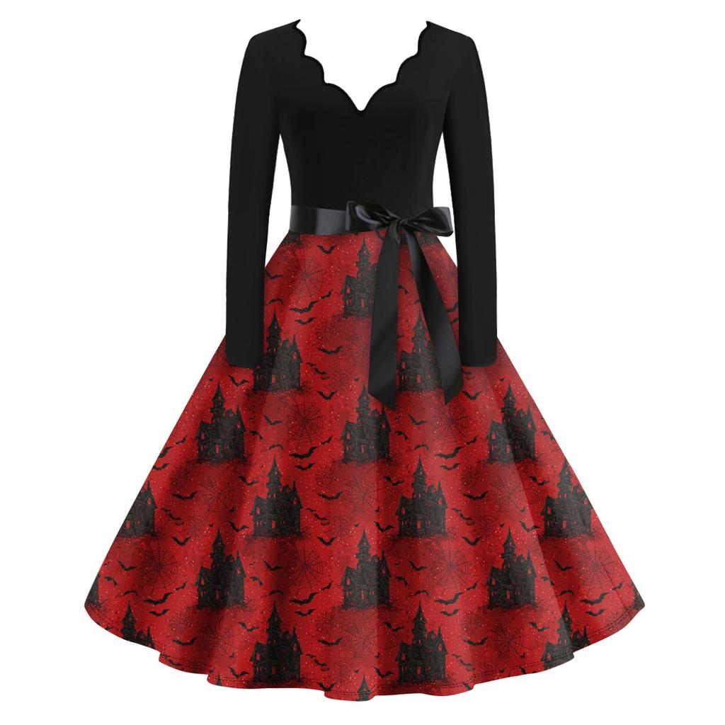 Women's Casual Fashion Long Sleeve Halloween Graphic Printed Vintage Long Dresses