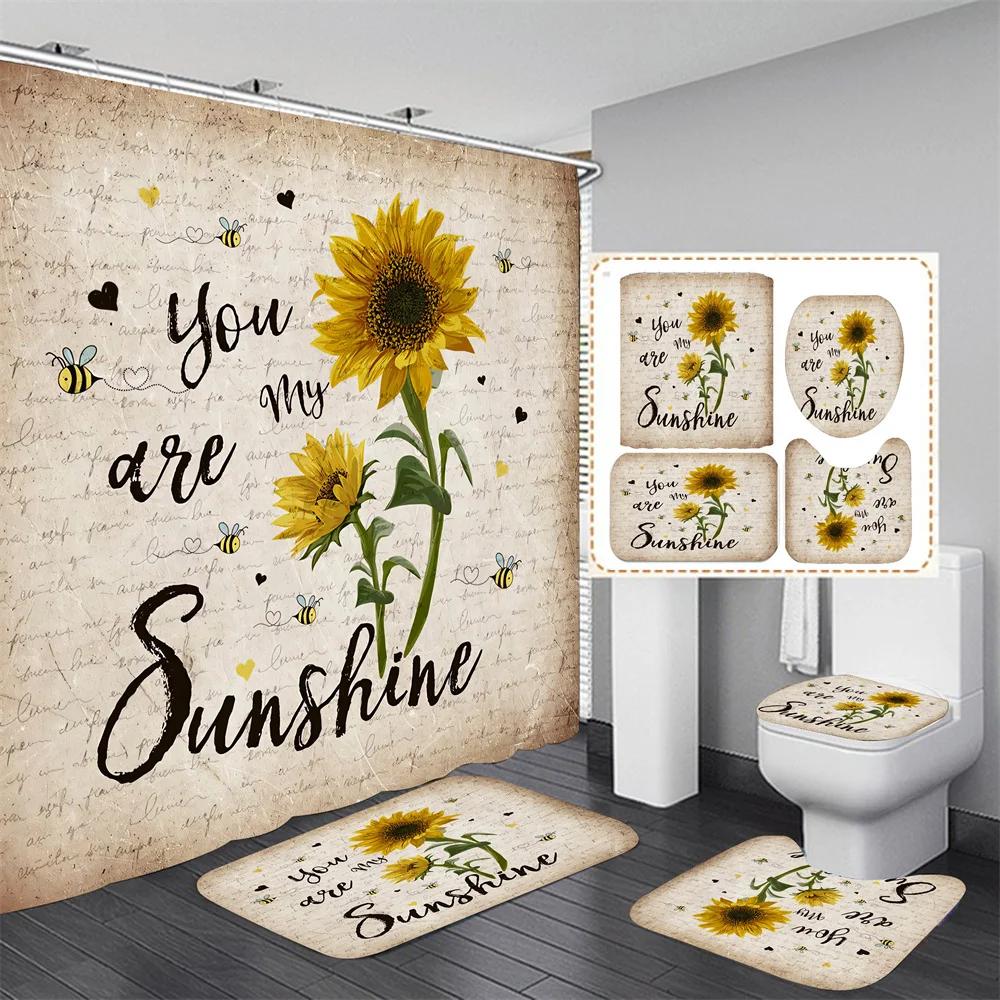 4pcs Set Doormat Shower Curtain with Non-Slip Rugs Toilet Seat Cover Bath Carpet Durable Waterproof Bathroom Home Entrance Decor