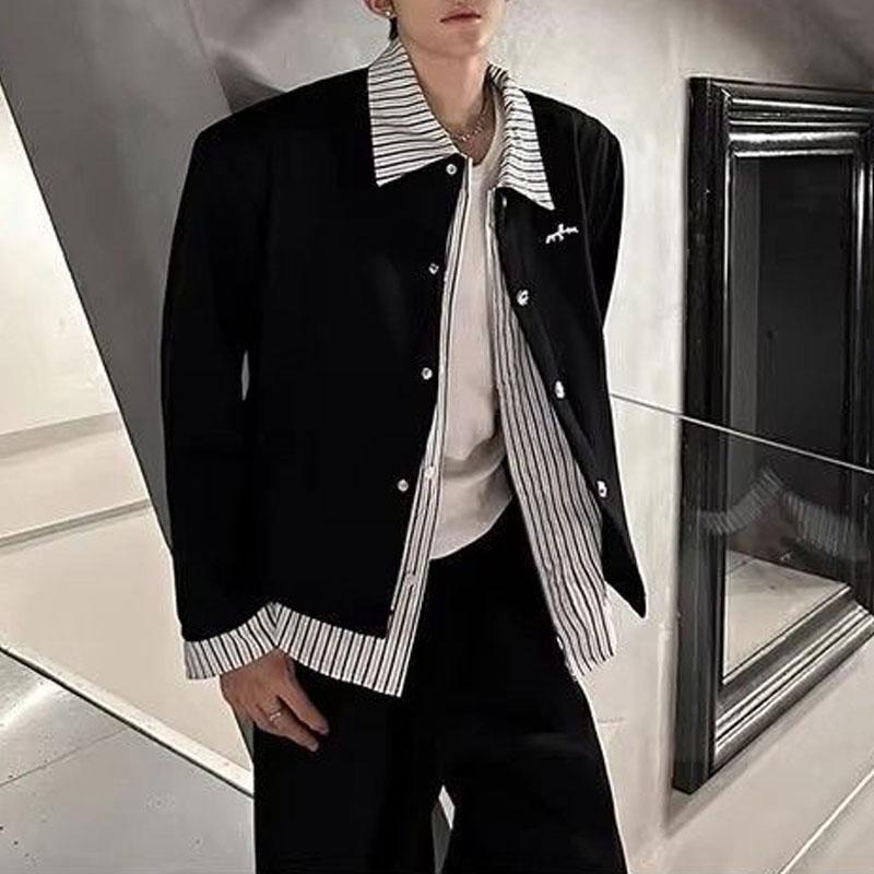 Stylish Fake Two Pieces Striped Sweatshirts Autumn Korean Spliced Men's Clothing Single-breasted Casual Turn-down Collar Hoodies