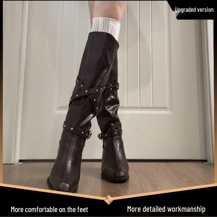 Damen Overknee Cowboy Stiefel mit Blockabsatz, Nieten und Schnalle, spitze Zehenpartie