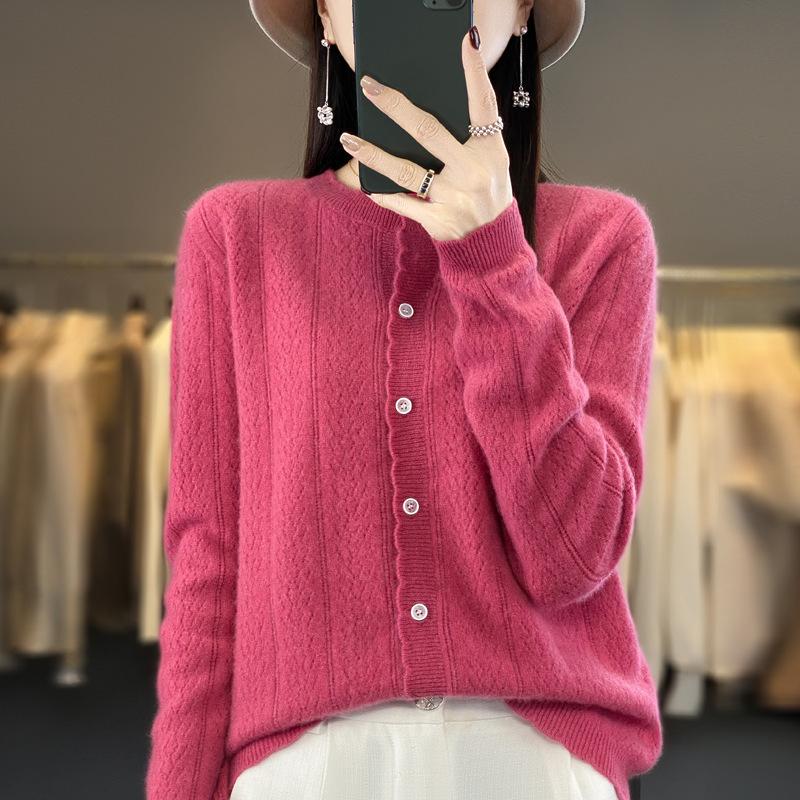 New Autumn and Winter Knitted Slimming Wheat Ear Fashionable Knitted Sweater for Women, Round-neck Long-sleeved Cardigan