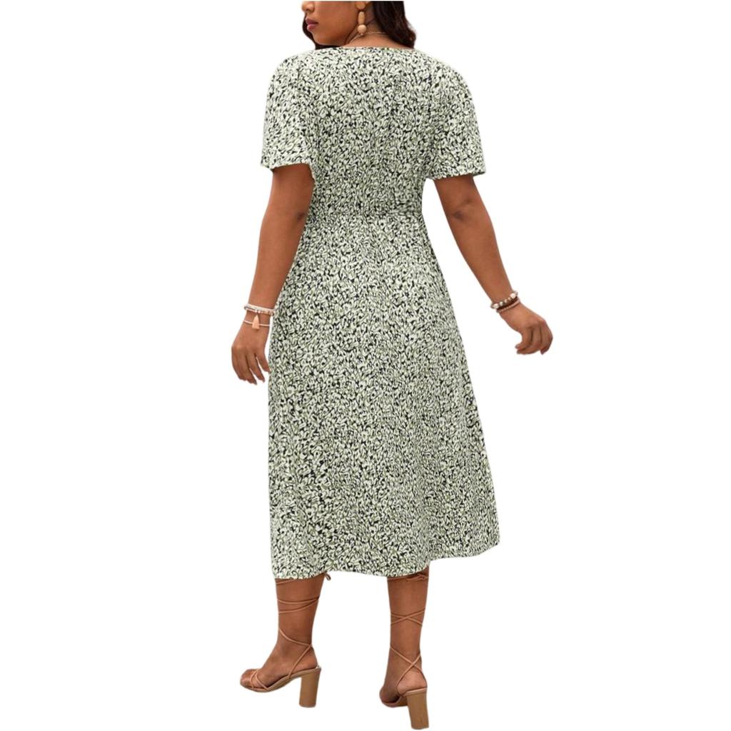 Women's Plus Size Casual Loose Fit V Neck Short Sleeve Floral Print Long Length Full Skirt Dress