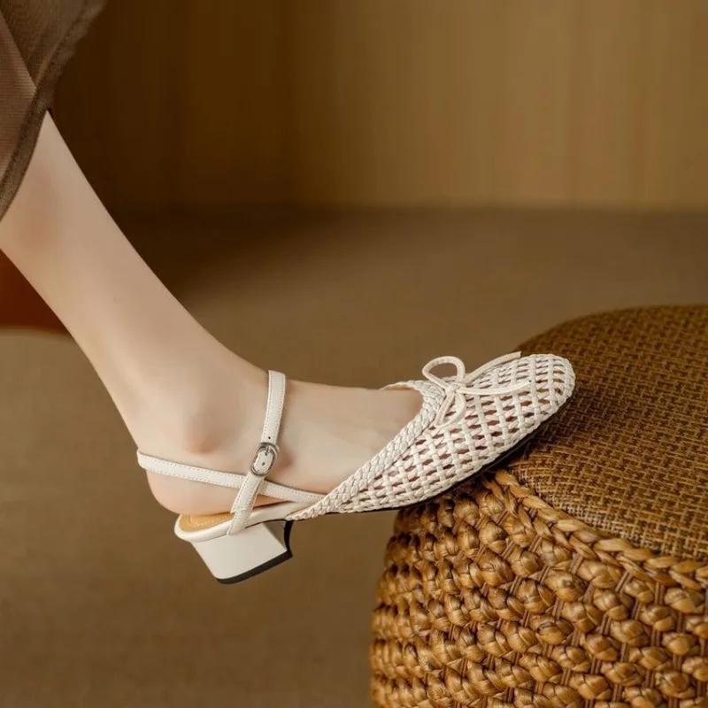Fashion 2025 Versatile Solid Color Summer Sandals Women's Pointed Toe Shoes Covered Toe Shoes Fashion Hollow High Heels Women's Sandals