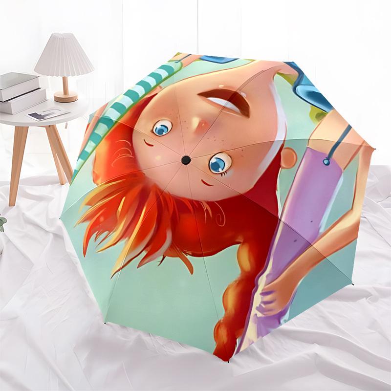 1pc Pippi Longstocking Automatic Folding Umbrella, Portable Collapsible Design, Casual Outdoor Accessory L1127010