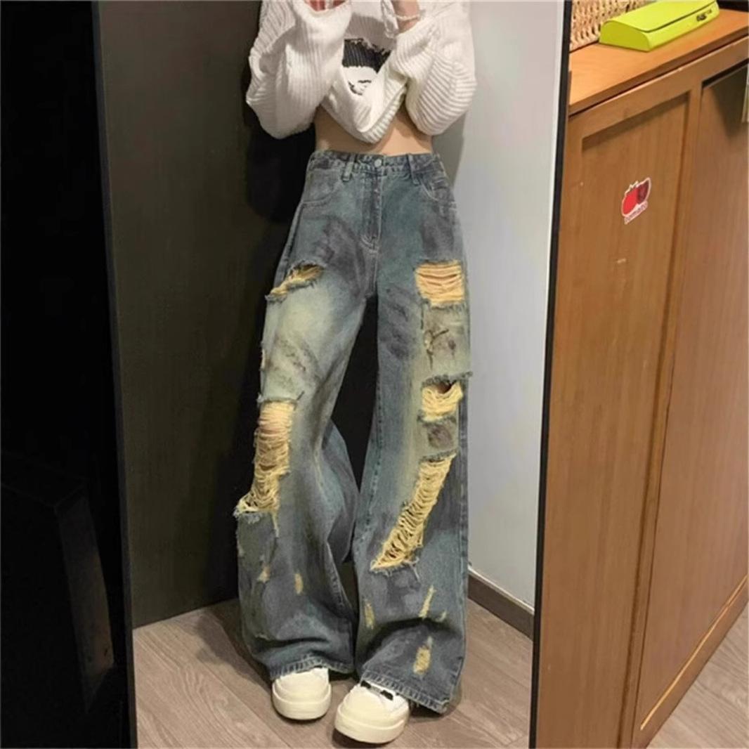 

Unisex American Retro Tie-Dye Ripped Wide-Leg Jeans 2XL