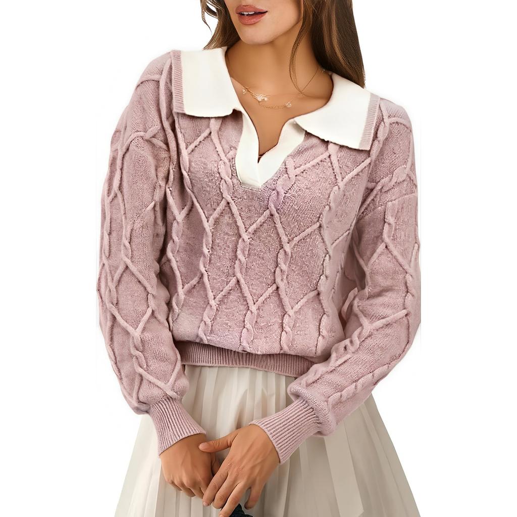 Women's Fashion Lapel Long Sleeve Contrast Color Knitted Sweater