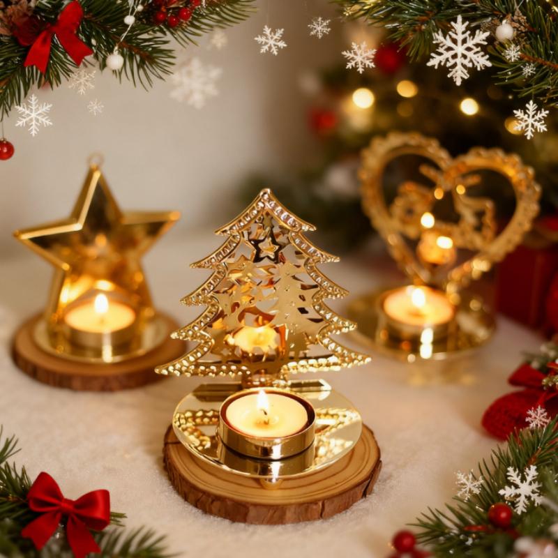 European Wrought Iron Christmas Candlestick Golden Hollow Five-pointed Star Table Decoration