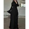 Abito Casual Elegante da Donna Europeo Americano a Vita Alta Monocolore con Maniche a Campana Abito Lungo Maniche Lunghe